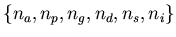 $ \{n_{a},n_{p},n_{g},n_{d},n_{s},n_{i}\} $
