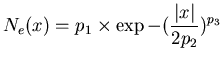 $\displaystyle N_{e}(x)=p_{1}\times \exp -(\frac{\vert x\vert}{2p_{2}})^{p_{3}}$